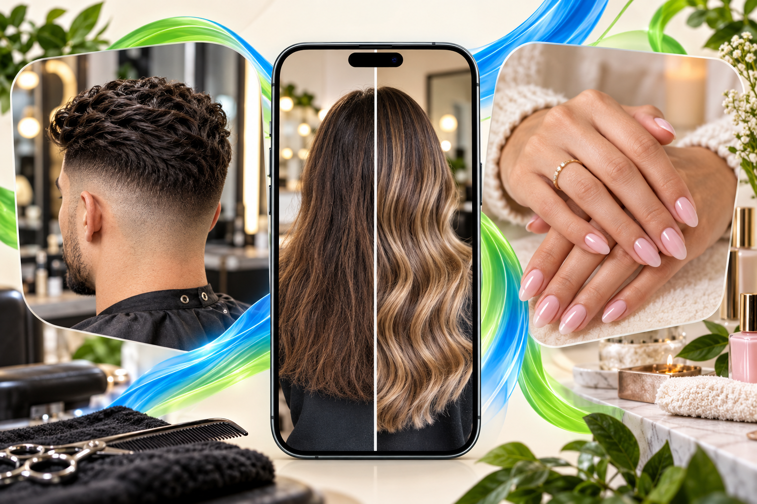 Illustrative barber, hair and nail transformations with a phone preview